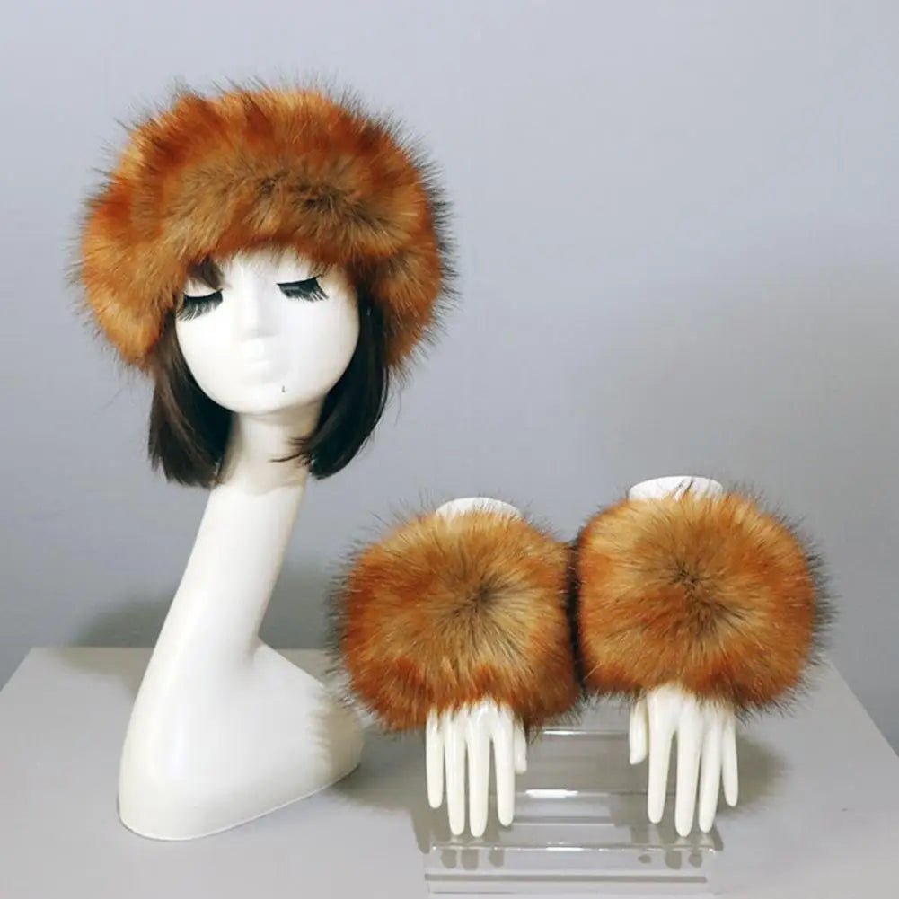 Fluffy Faux Fur Empty Top Soft Keep Warm Elastic Cozy Hat Cuffs Set for Outdoor