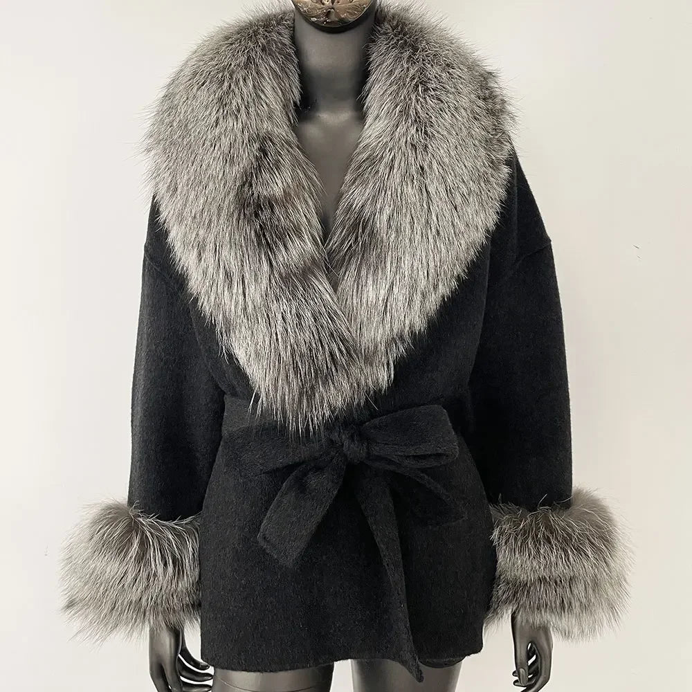 Winter Loose Outerwear Casual Natural Real Raccoon Fox Fur Blends Wool Coat
