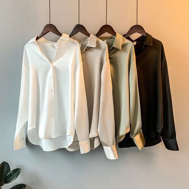 Vintage Satin Blouse Long Sleeve Button Loose Shirts