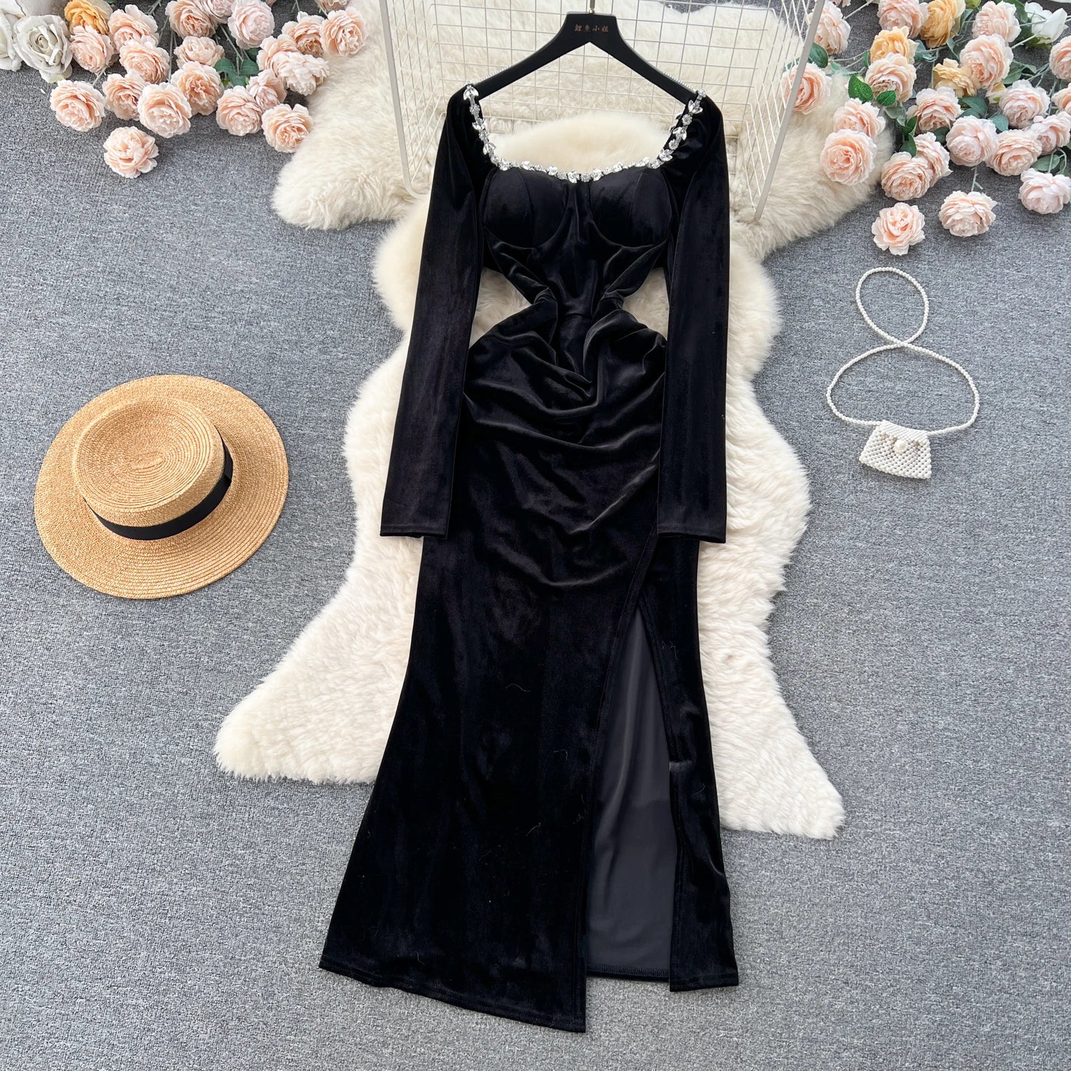 Winter Velvet Split Long Dress