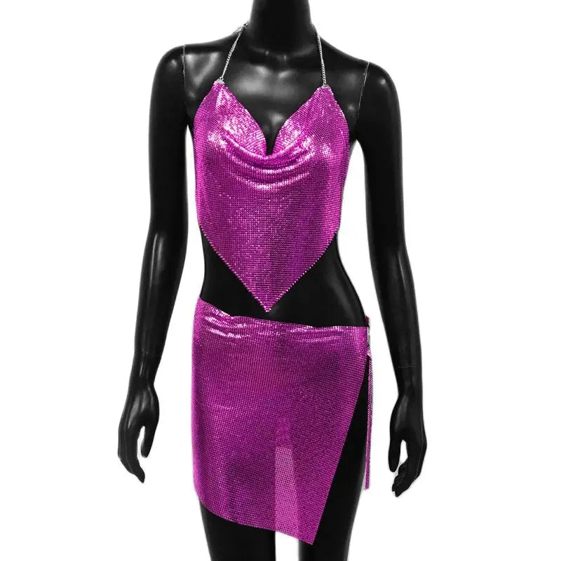 Metal Sequins 2 Piece Set Backless Halter Tank Tops Split Mini Skirts
