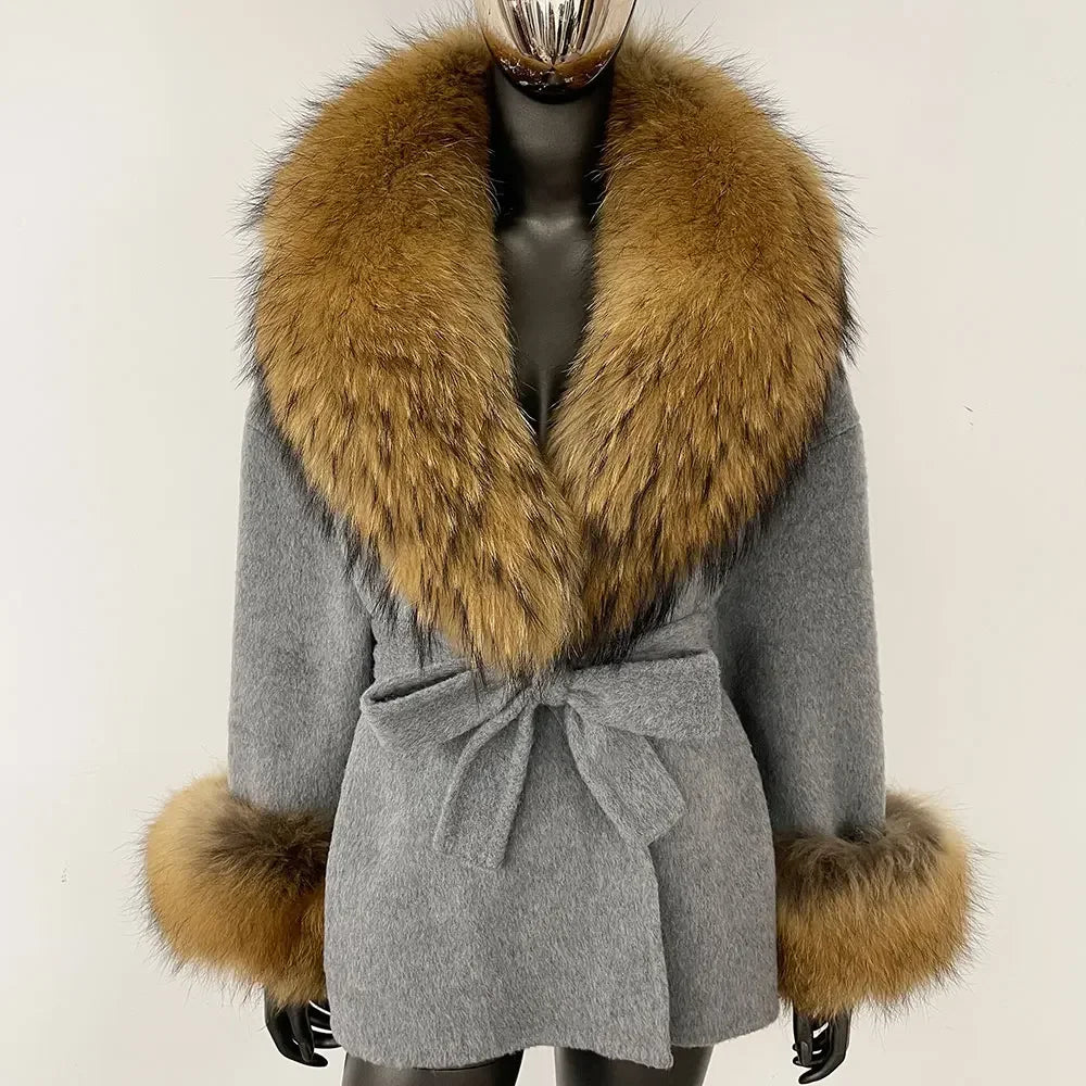 Winter Loose Outerwear Casual Natural Real Raccoon Fox Fur Blends Wool Coat