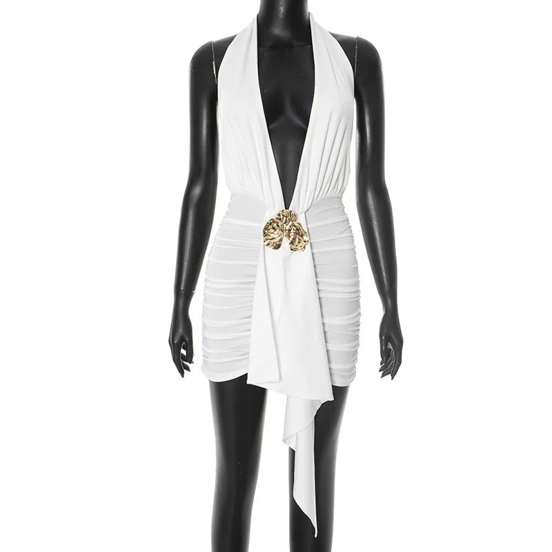 Sleeveless Halter Pleated Ribbon Deep V Backless Dress