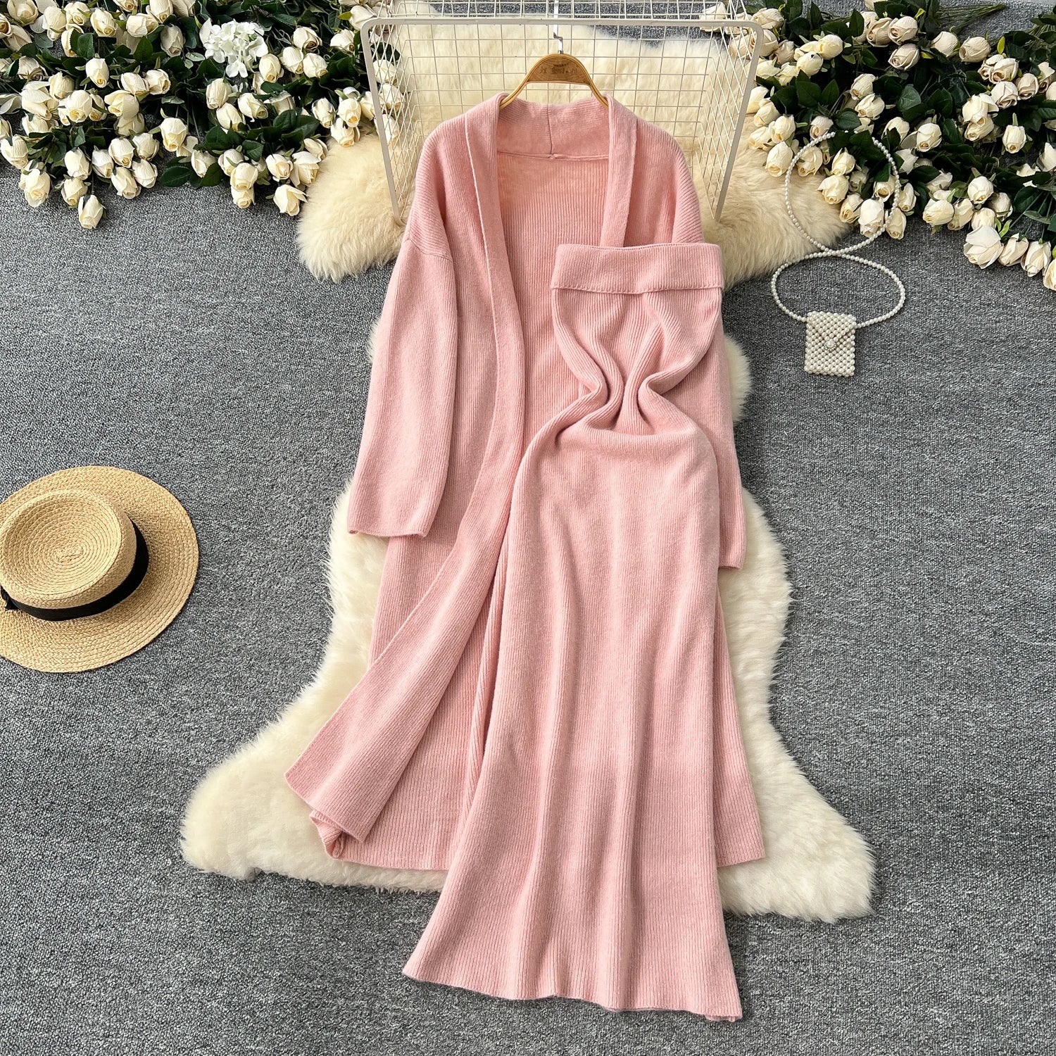 Long Sleeves Oversize Cardigan+Strapless Bodycon Dress Solid Knit 2pcs Sets