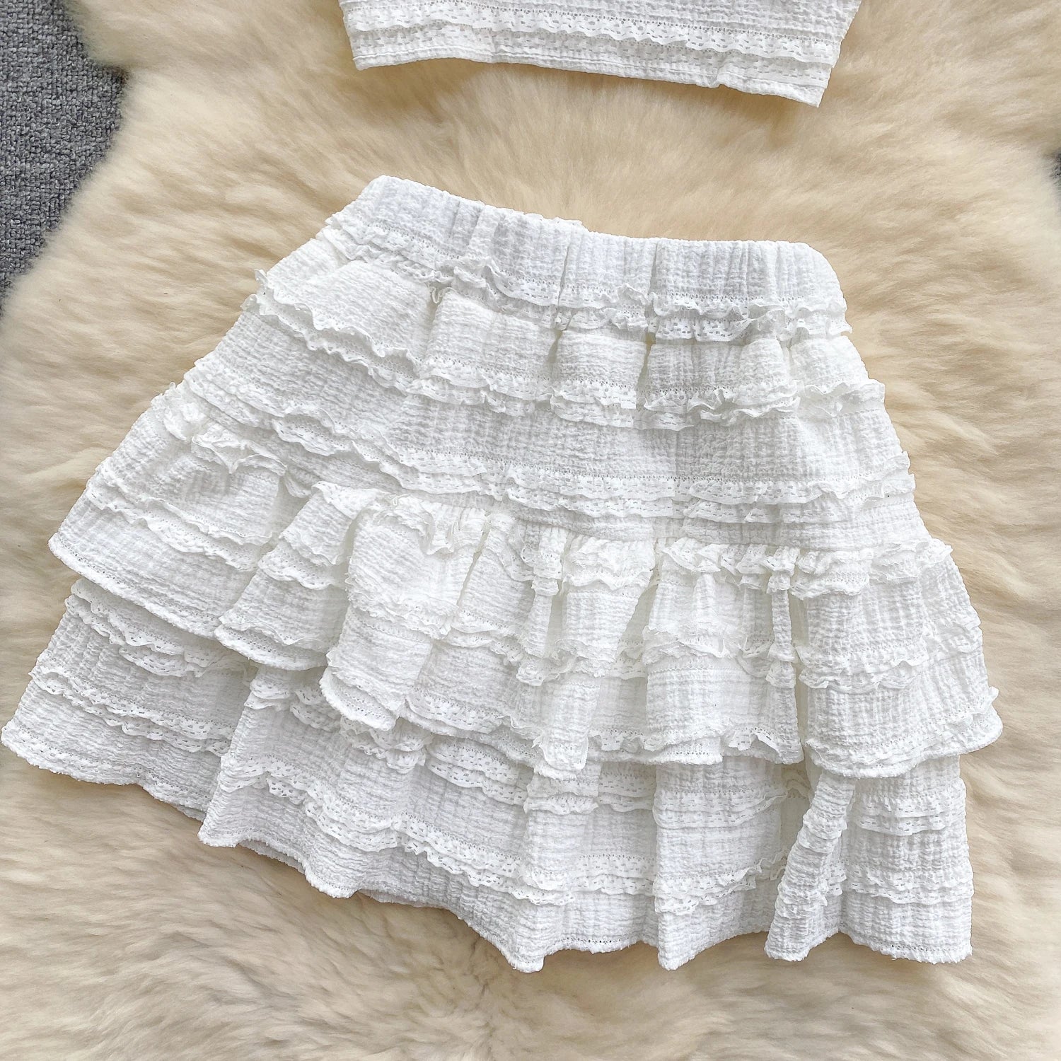 Sweet Ruched Two Pieces Sets V Neck Strap Crop Tops+Short Pleated Skirt Korean Style