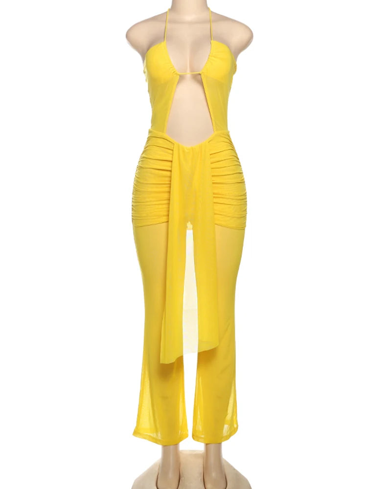 Hollow Halter Backless Ruched Ribbon Waist See Through Dress