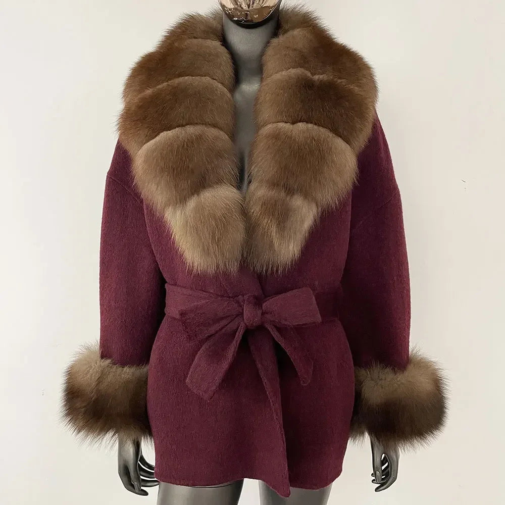 Winter Loose Outerwear Casual Natural Real Raccoon Fox Fur Blends Wool Coat