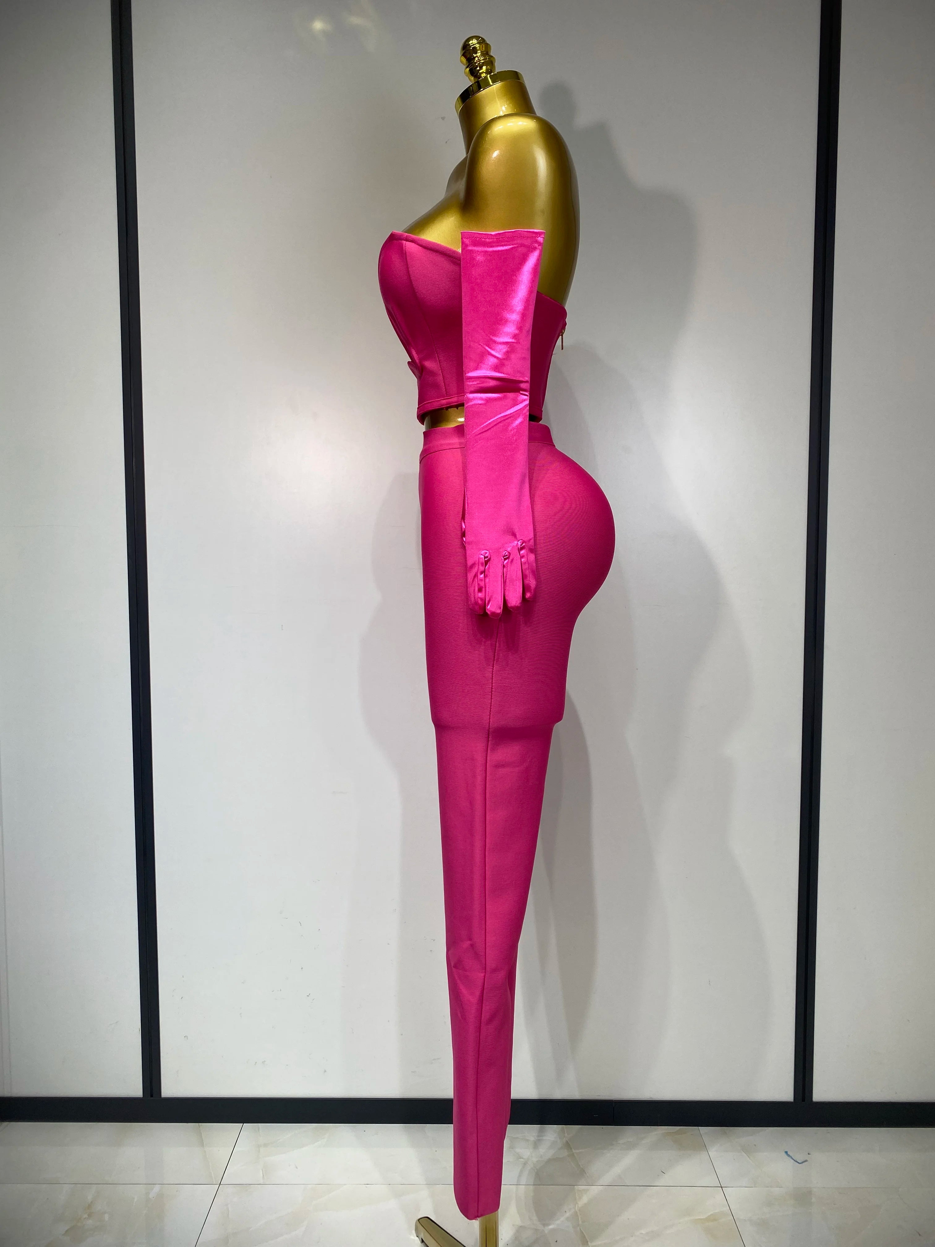 Strapless Backless Hot Pink Glove Pants Bandage Three Piece Suit Birthday Outfit