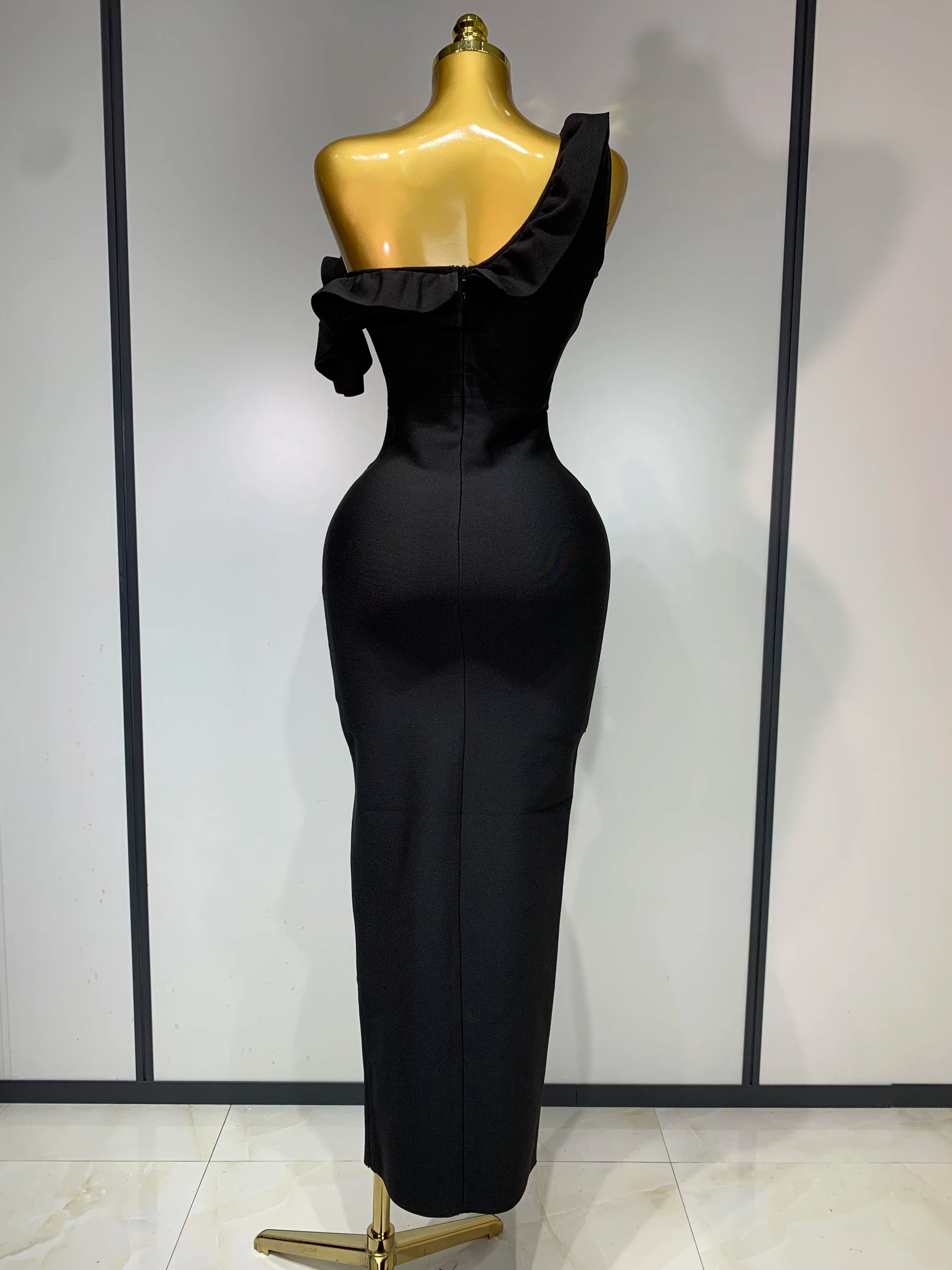 Off Shoulder Ruffles Midi Bodycon Bandage Dres