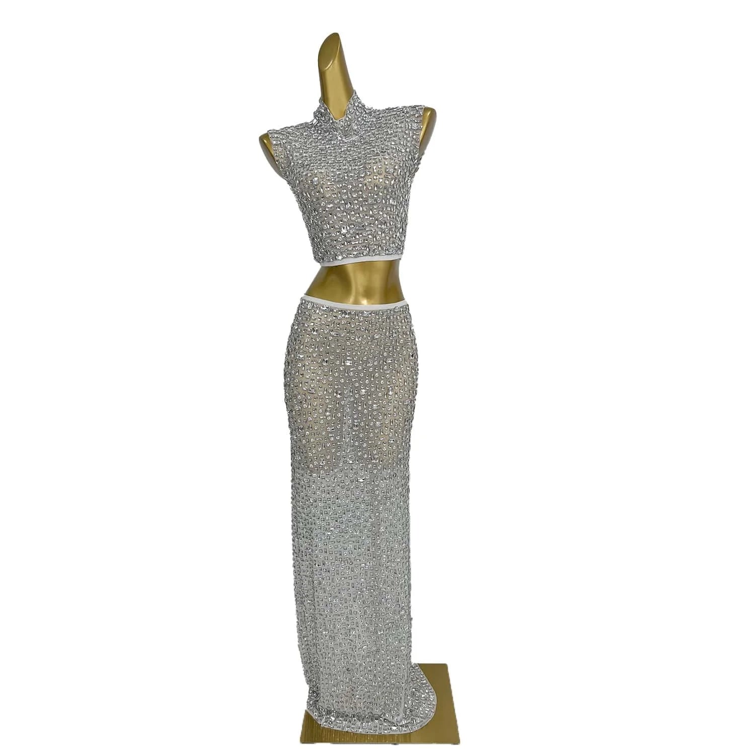 Sparkly Diamonds Crop Top Long Skirt 2-PCS Set