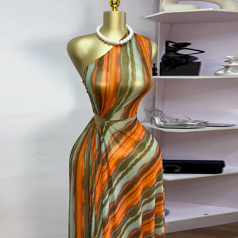 Elegant Striped Print Sleeveless Floor-Length Long Dress