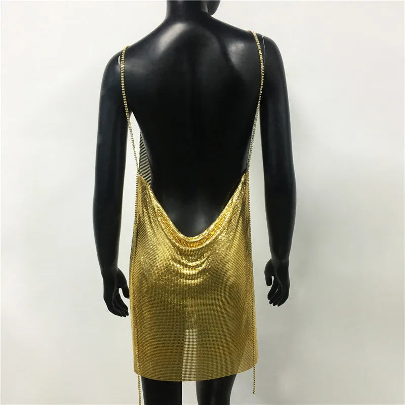 Backless Spaghetti Strap Metal Sequins Low Cut Dress