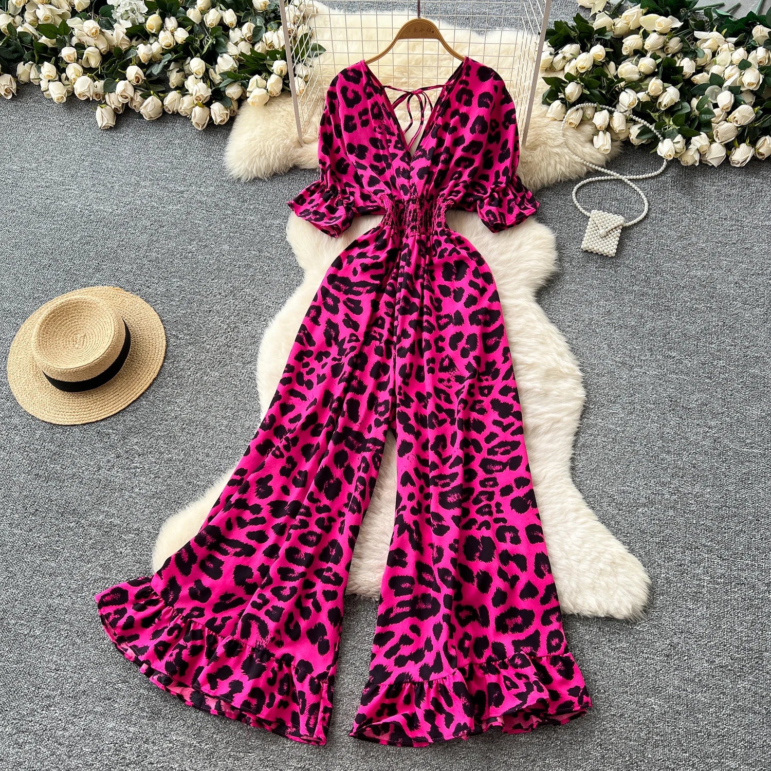 Flared Sleeves Elastic Waist Slim Fit Leopard Print Long Rompers Jumpsuit