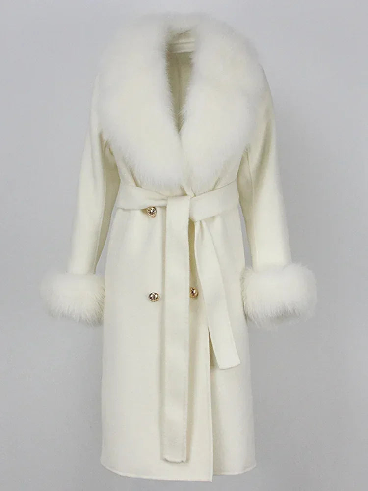 Real Fur Natural Wool Blends Cashmere Double Breasted Belt Warm Coat