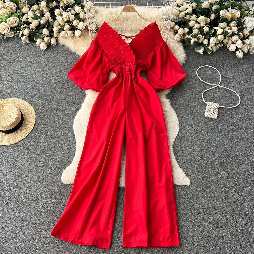 Ruffle Jumpsuits Puff Short Sleeve High Waist Romper