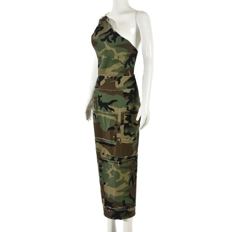 Camouflage Cargo One Shoulder Sleeveless Lace Up Backless Zip-up Midi Dress