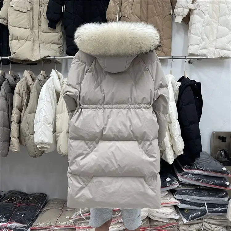 High End Goose Down Medium Length Thick Fur Collar Hooded Warm Coat