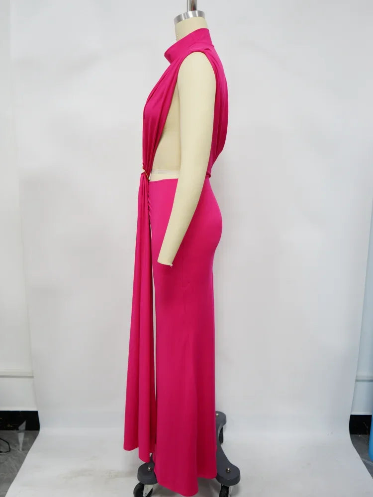 O-neck High Split Ruched Stacked Bodycon Midi Maxi Dress