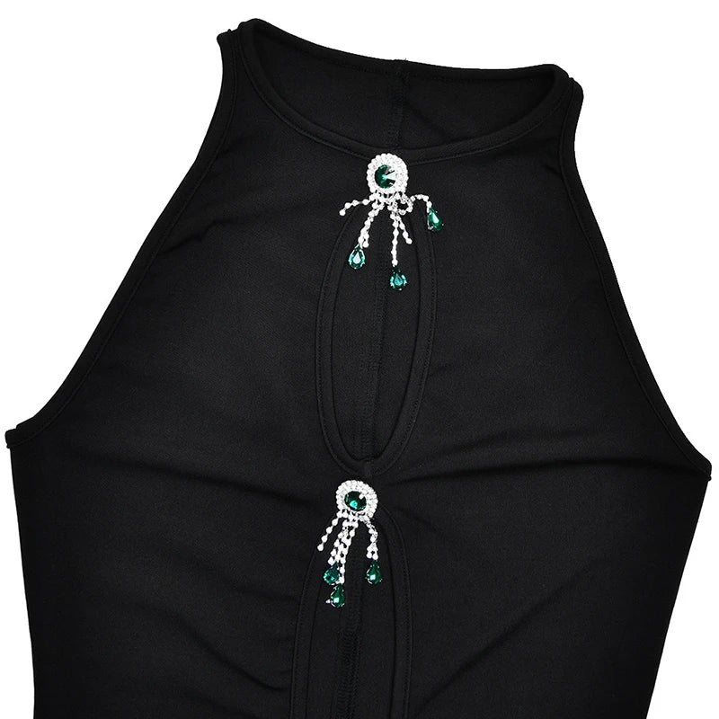 Sleeveless High Waist Hollow Out Pearl Tassel Maxi Dress