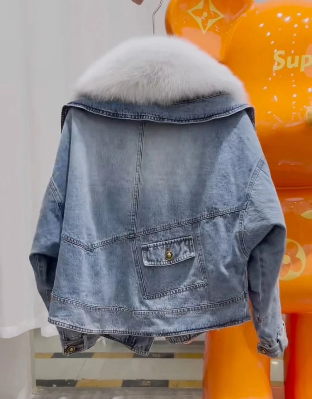 Denim Big White Fox Fur Collar Detachable Goose Down Filling Inner Lining High-End Jacket