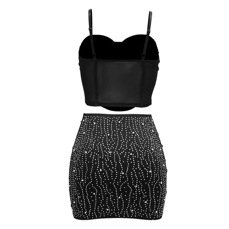Two Piece Set Strap Mesh Rhinestone Top and Diamonds Mini Skirts Sets