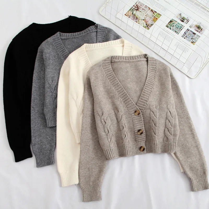 Autumn Winter Short Sweater Long Sleeve Crop Top Button Up Single Breasted Knitted Cardigan