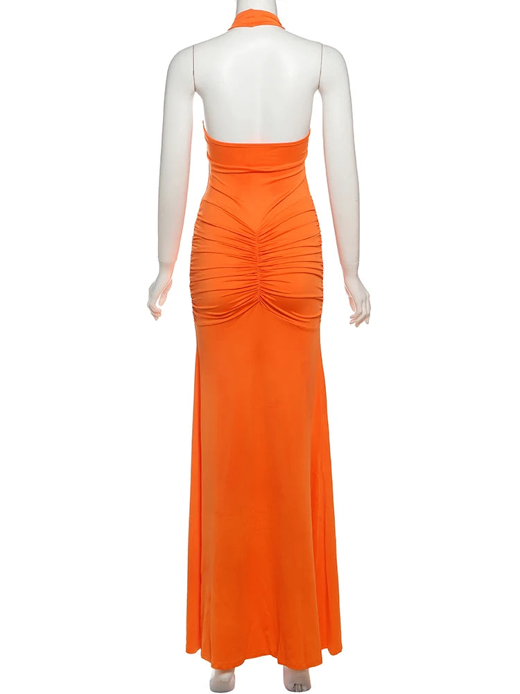 Backless Tassel Pleated Patchwork Halter Sleeveless Dress