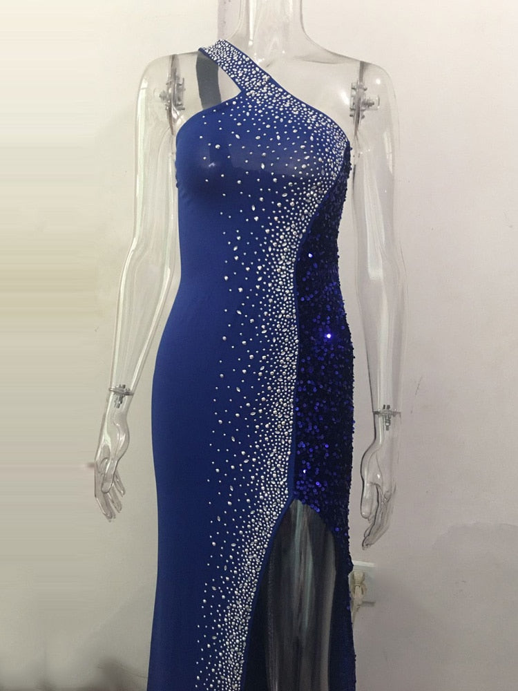 One Shoulder Backless Diamond Sequin Long Bodycon Dress