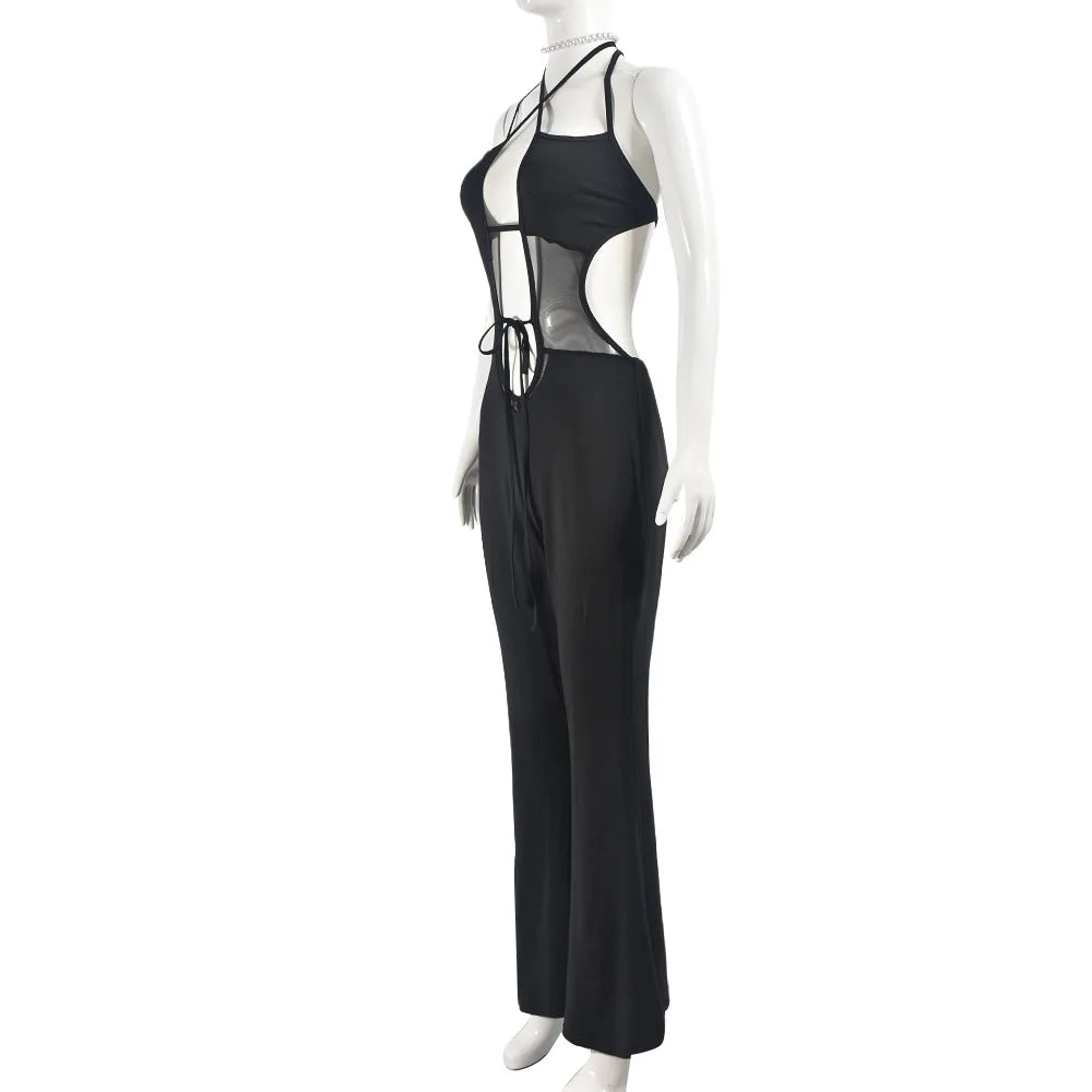 Deep V-Neck Backless Mesh Patchwork Cutout Black Jumpsuits