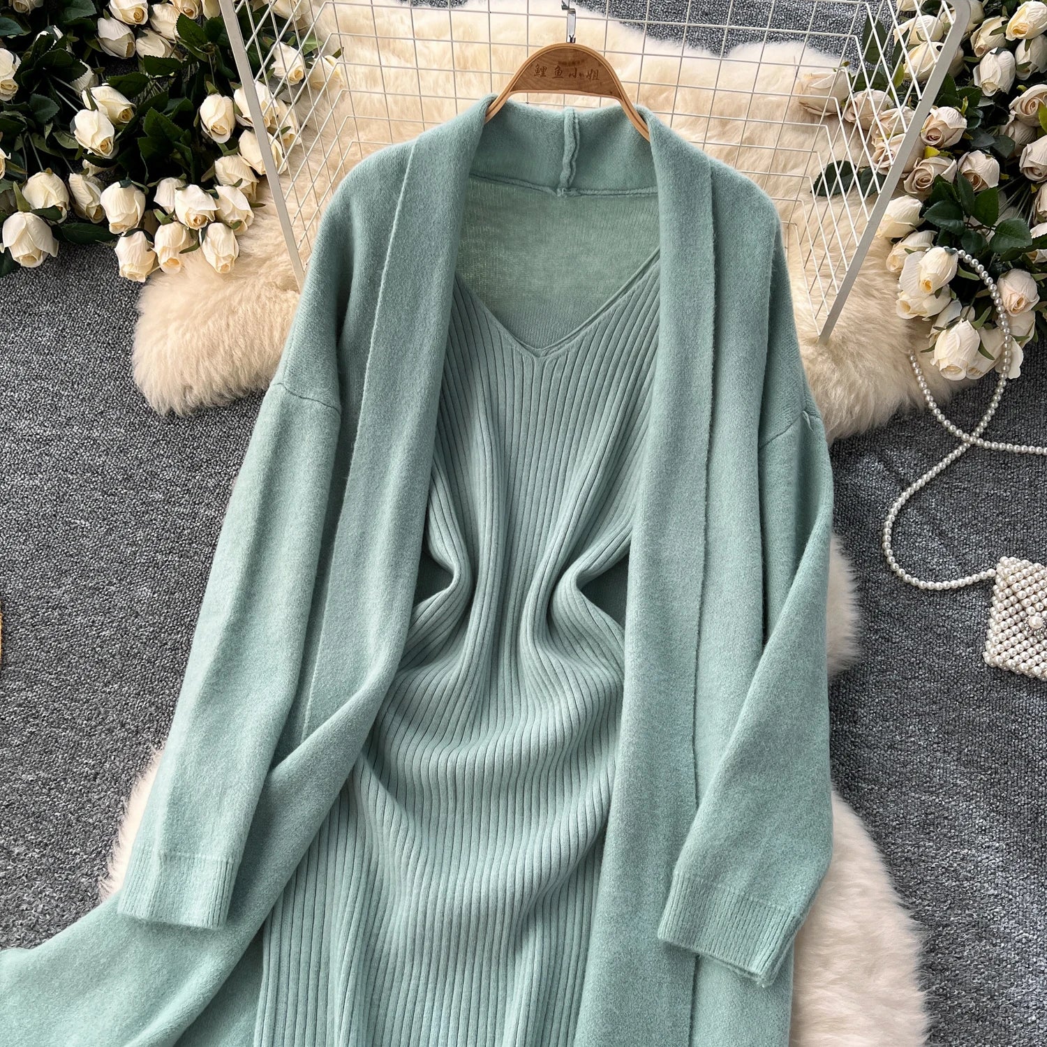 Knitted Two-Piece Sets  Knitting Cardigan+Spaghetti Strap Bodycon Dress
