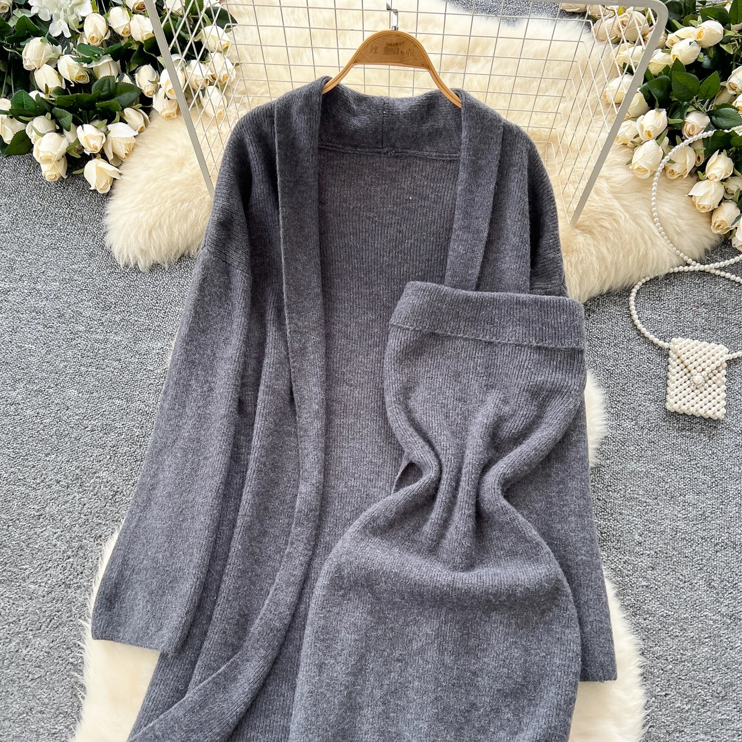 Long Sleeves Oversize Cardigan+Strapless Bodycon Dress Solid Knit 2pcs Sets