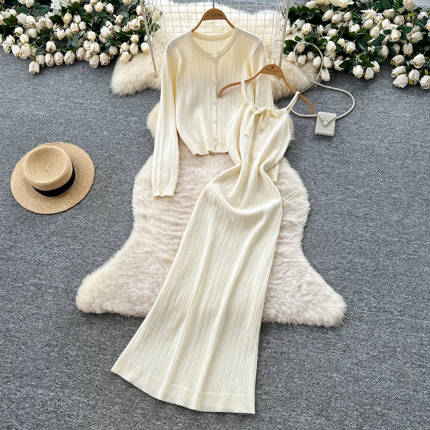 Elegant Long Sleeve Single Breasted Tops+Sleeveless Strap Bodycon Dress Knit Solid Sweater Sets