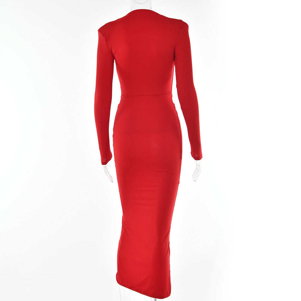 Elegant Deep V Neck Irregular Ruched Bodycon Midi Dress