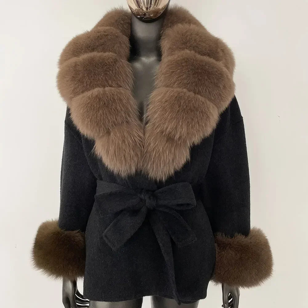 Winter Loose Outerwear Casual Natural Real Raccoon Fox Fur Blends Wool Coat