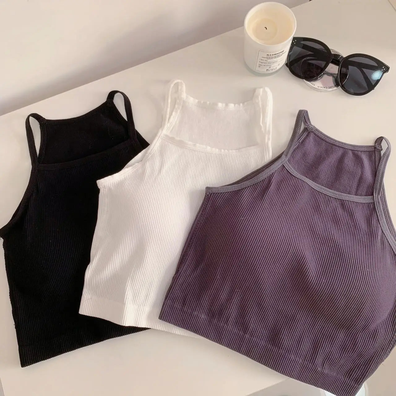 Tank Tops Thread Solid Casual Crop Top with Chest Pad Stripe Sleeveless Outer Wear Basic Camisole