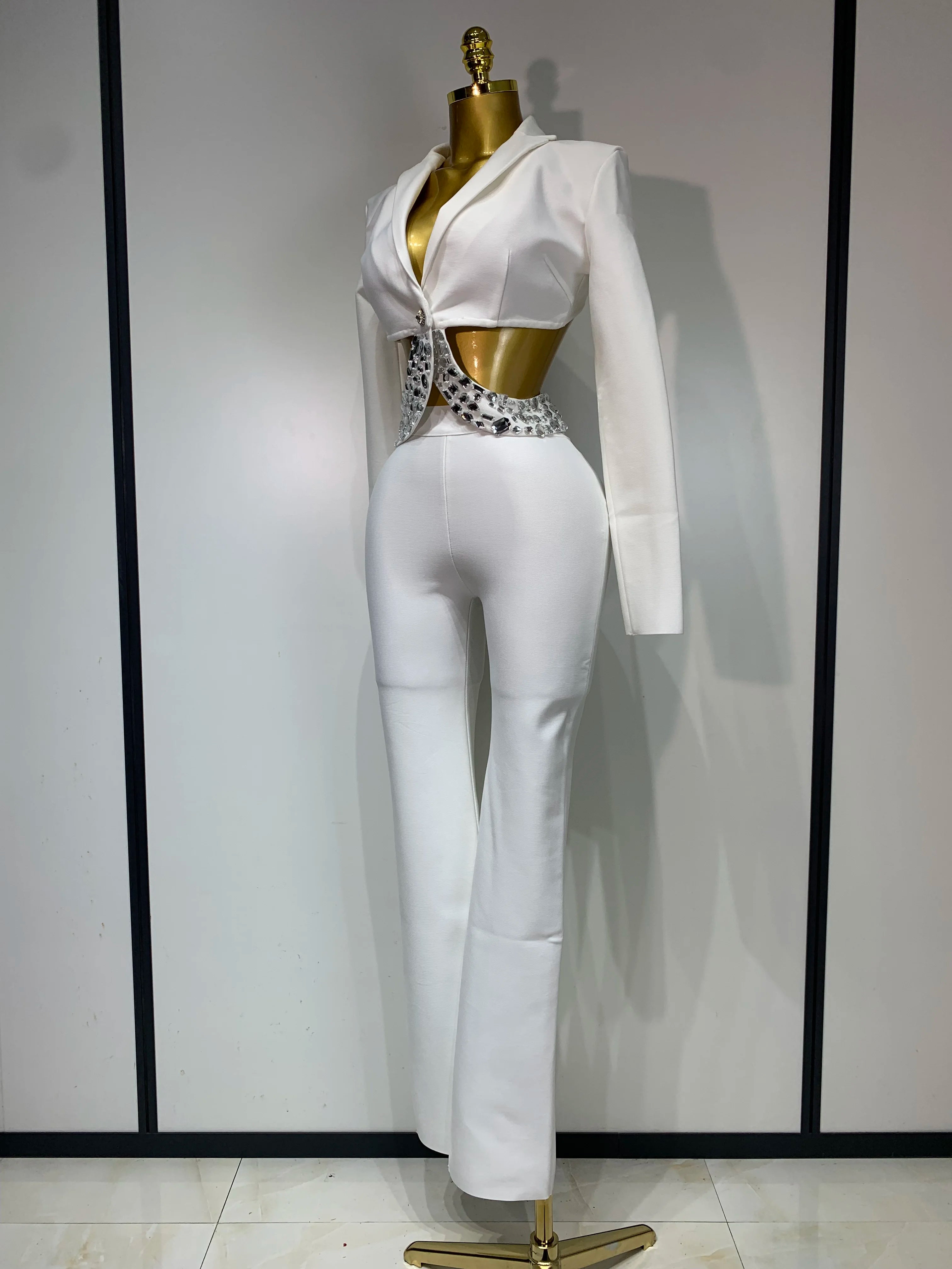 Luxury Two Piece Set Long Sleeve Beading Bodycon Top And Bandage Pants Set