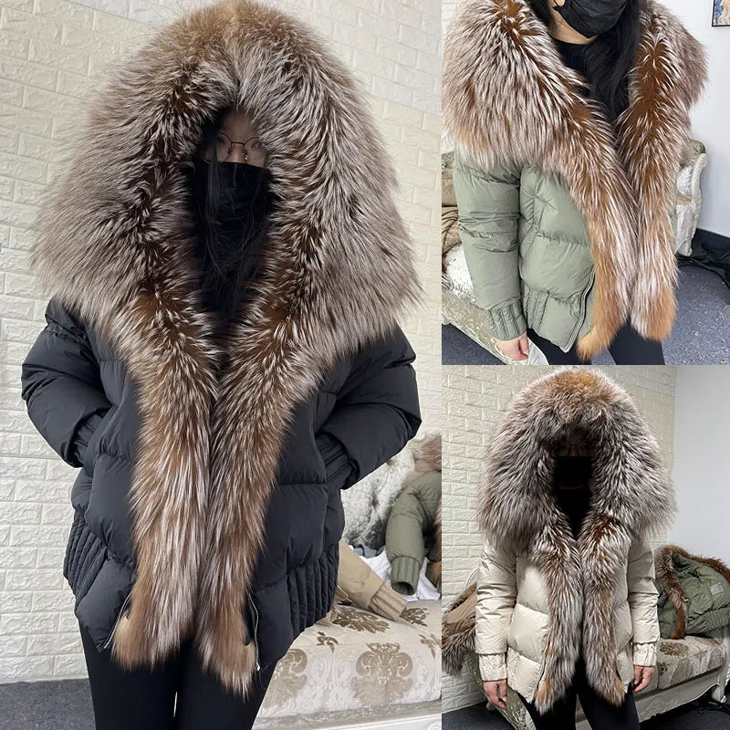 Warm Duck Down Natural Real Fox Fur Collar Hood Puffer Coat