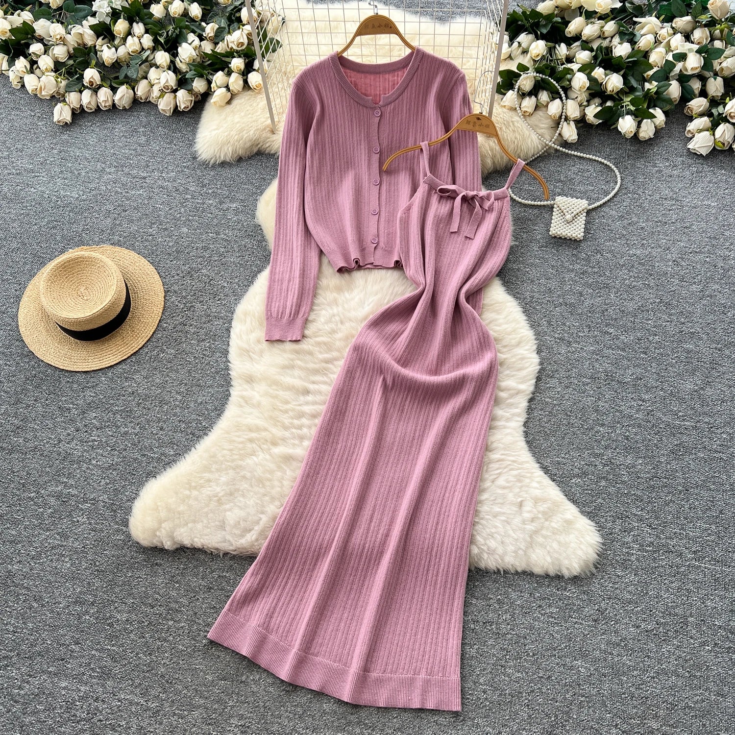 Elegant Long Sleeve Single Breasted Tops+Sleeveless Strap Bodycon Dress Knit Solid Sweater Sets