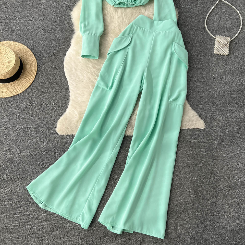 Two Pieces Suits Blouse+Long Pant Retro Casual Sets