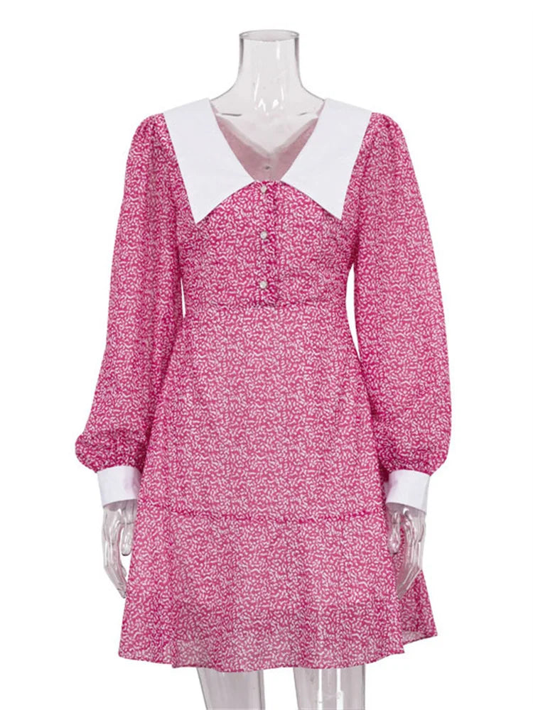High Waist Long Sleeve  Backless V-Neck Printed  Dress
