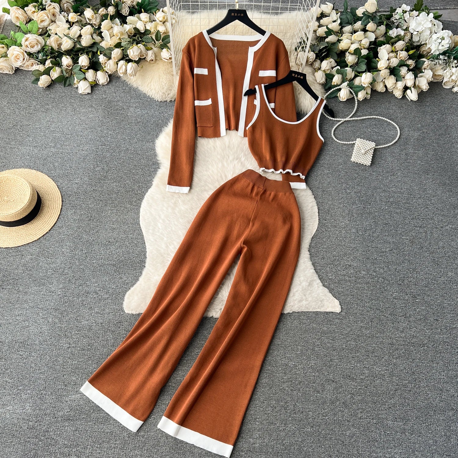 Three Pieces Sets Tank Top+Long Sleeves Short Cardigan+Elastic Long Pants Set