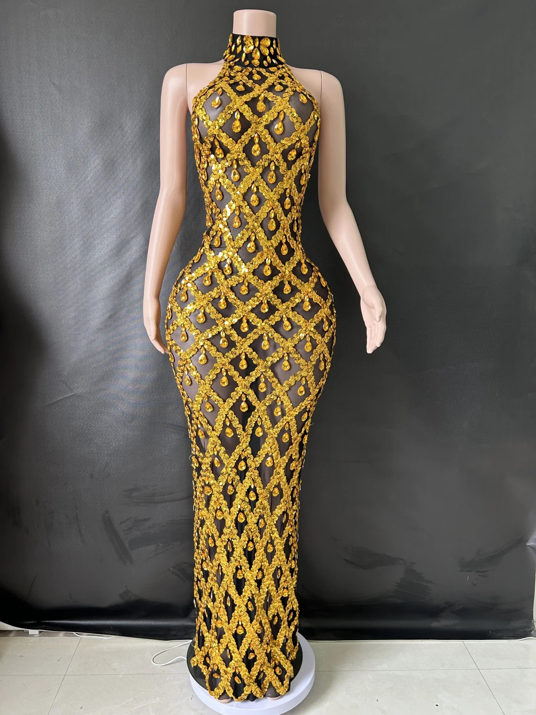 Prom Birthday Dress Transparent Rhinestone Sequins Dress