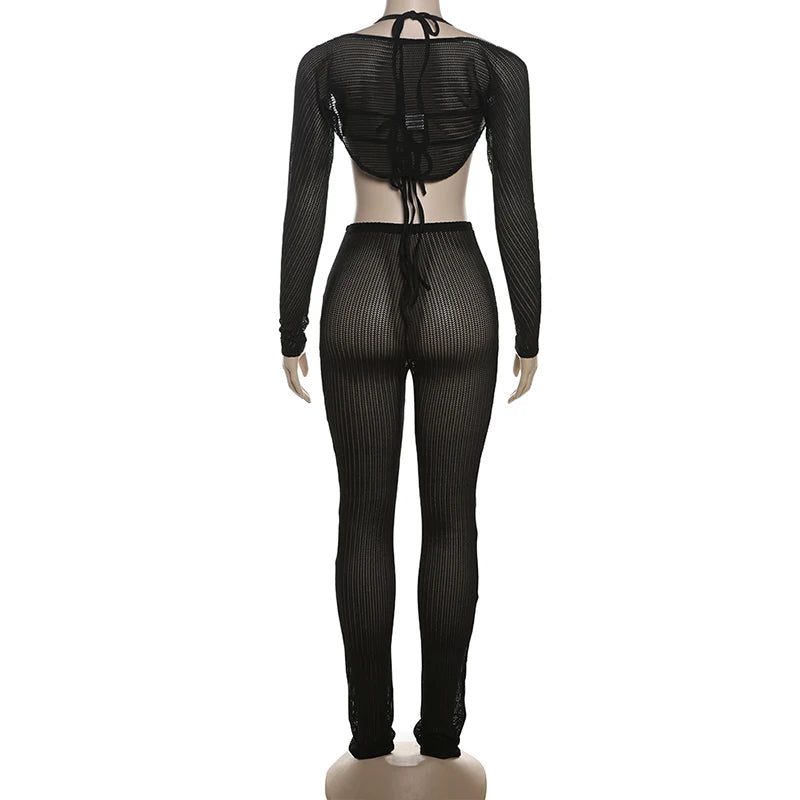 Three Piece Set Mesh Crop Tops+Bandage Bra+Leggings Tight Matching Outfits
