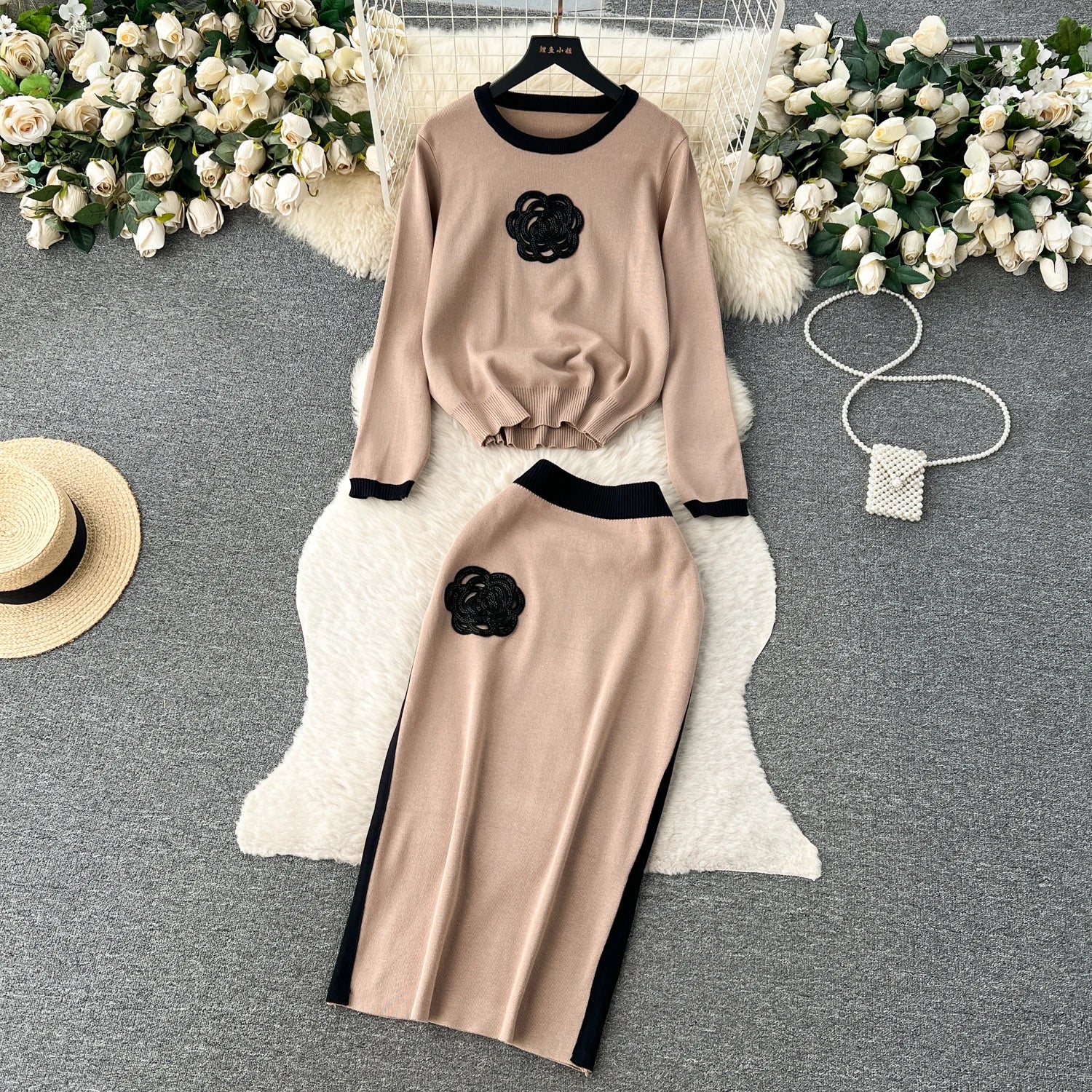 Long Sleeve Pullover Elastic Waist Long Skirt Sweater Suit