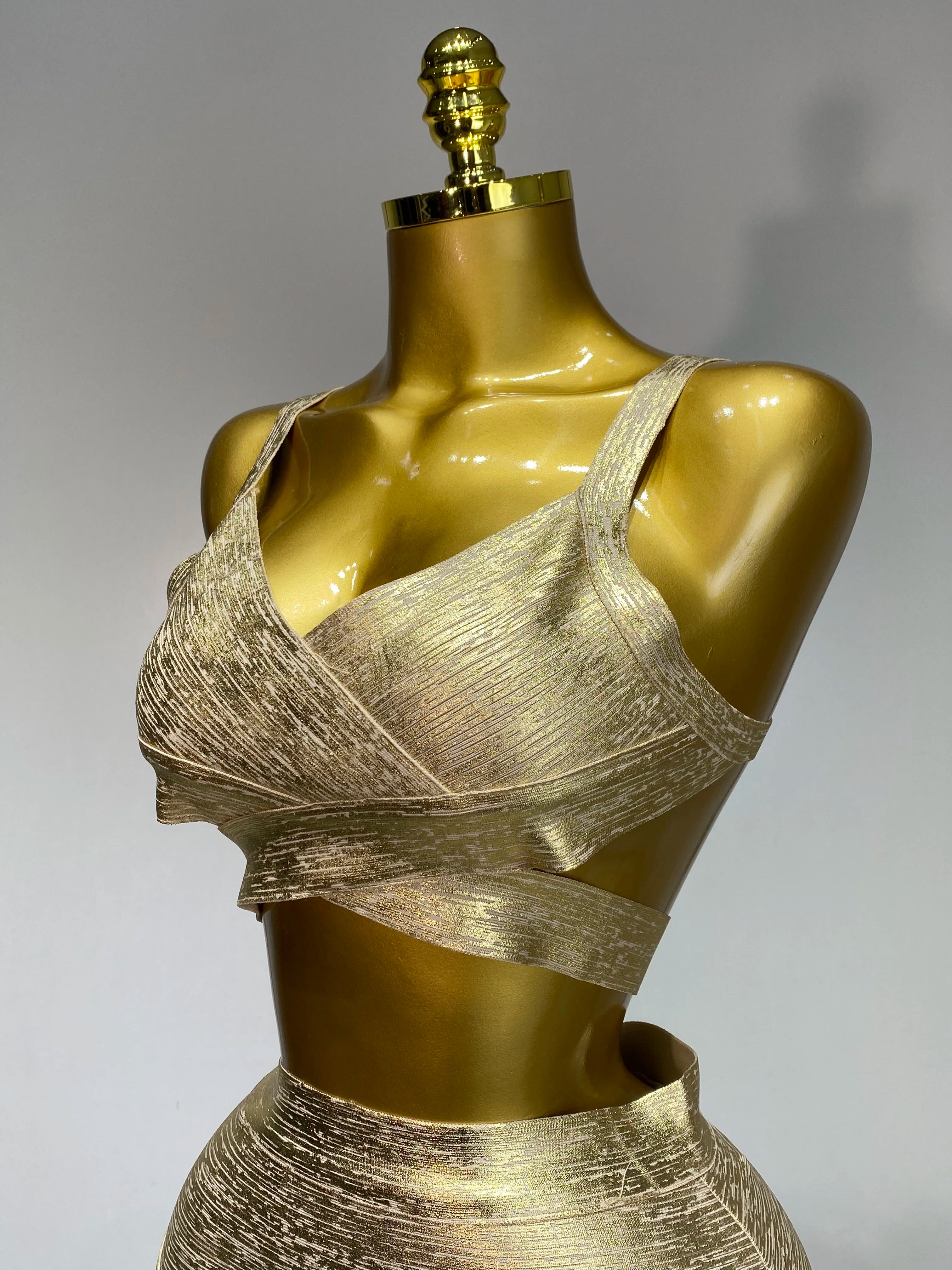 V Neck Gold Bandage Top Bodycon Skirt Two Piece Set