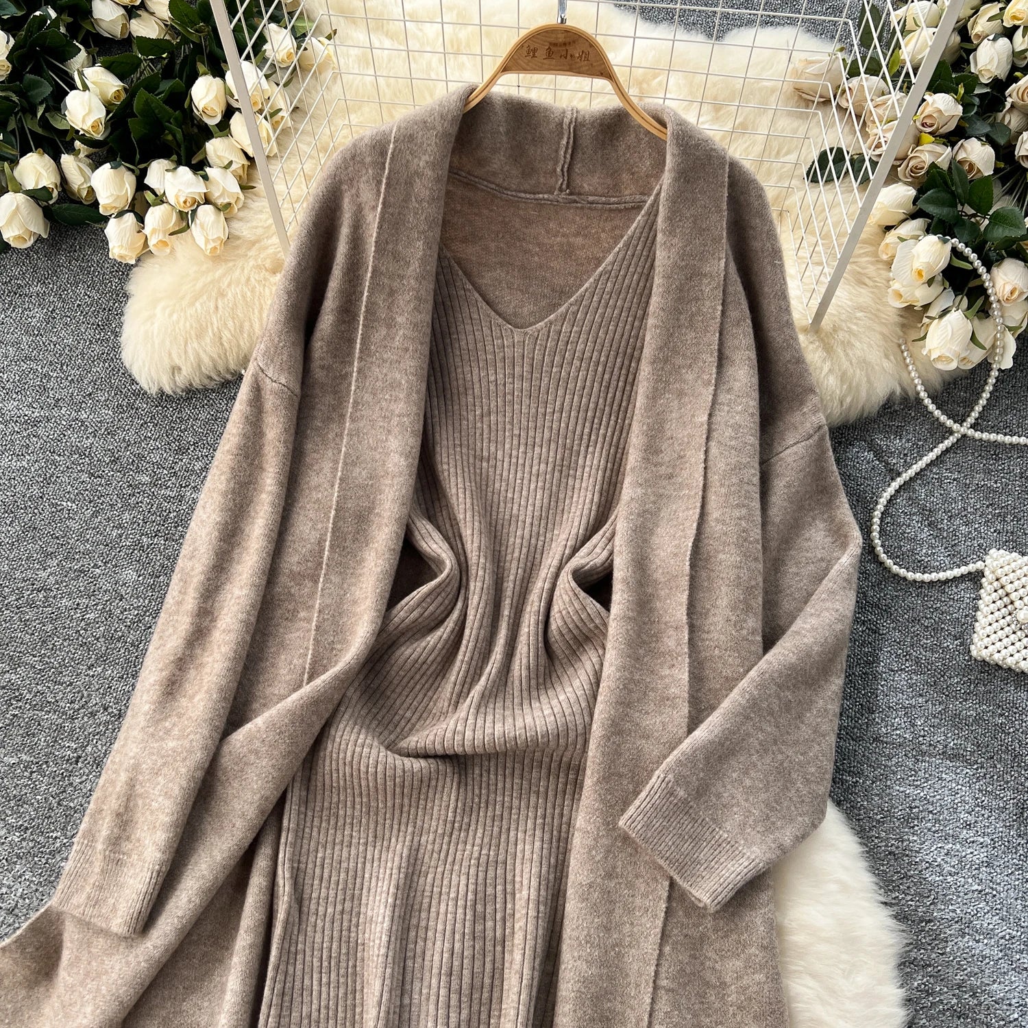 Knitted Two-Piece Sets  Knitting Cardigan+Spaghetti Strap Bodycon Dress