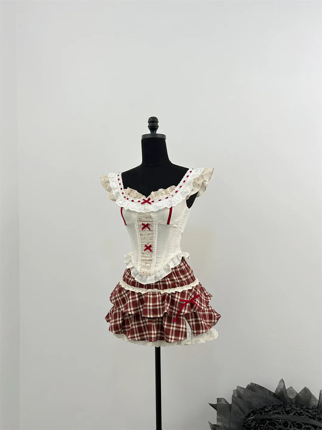 2000s Ballet 2 Piece Set Cute Lace Tank Top + Mini Plaid Skirt