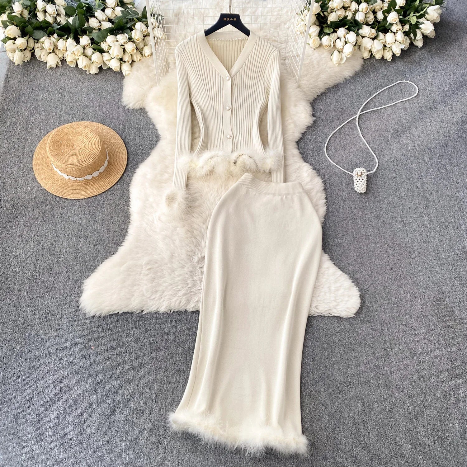 French Style Cardigan+Bodycon Skirt Knit 2pcs Sets