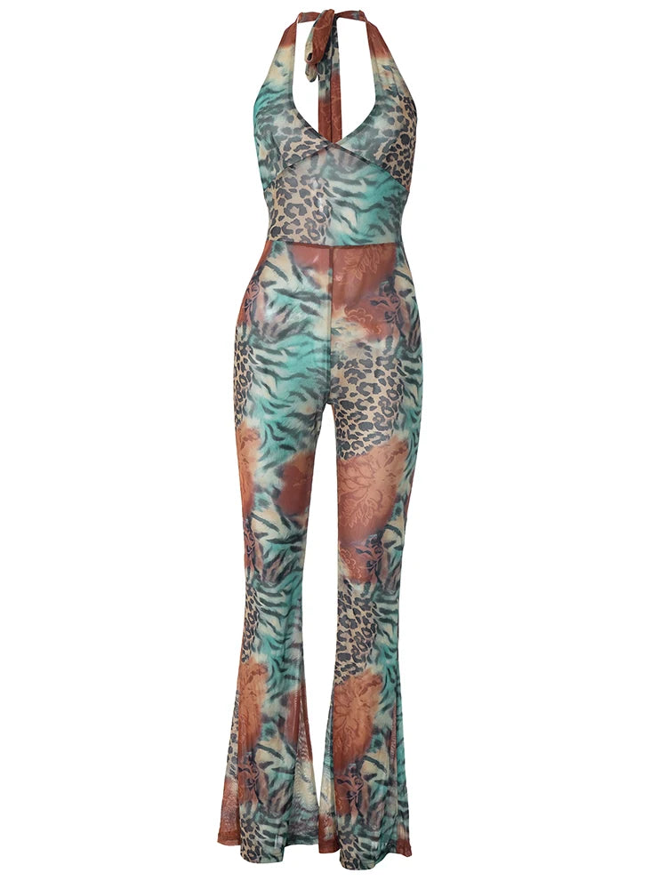 Leopard Print See Through V-Neck Halter Bandages Backless Jumpsuit