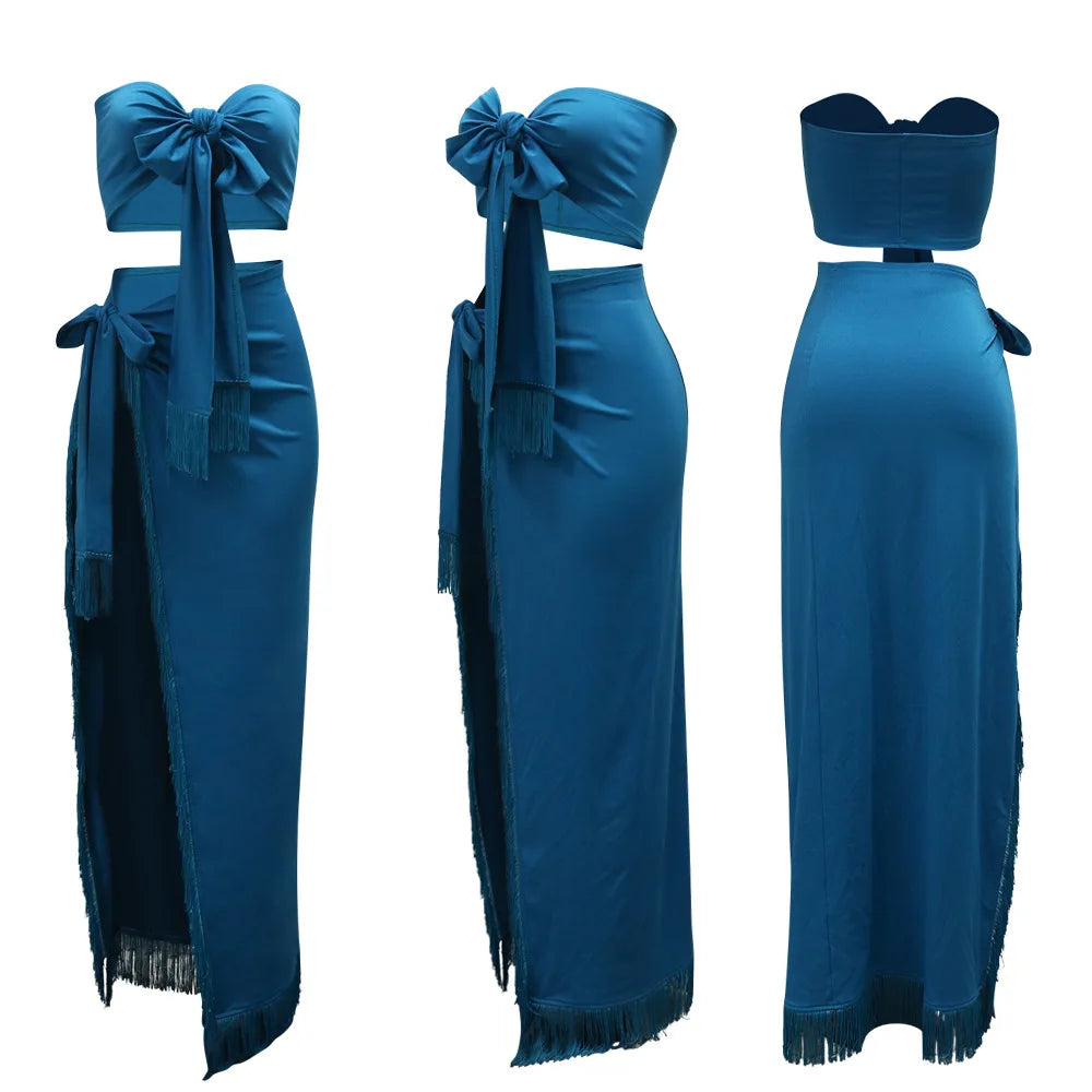 Strapless Crop Top + Ruched Split Tassel Long Skirts Two Piece Sets